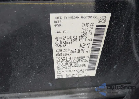 2020 Nissan Murano Sv Fwd z USA, uszkodzony, nr VIN 5N1AZ2BJ0LN151497